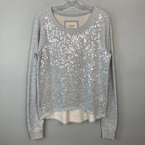 ABERCROMBIE & Fitch Heather Blue French Terry Sequin Front Top Size M Raw Hem - Picture 10 of 13